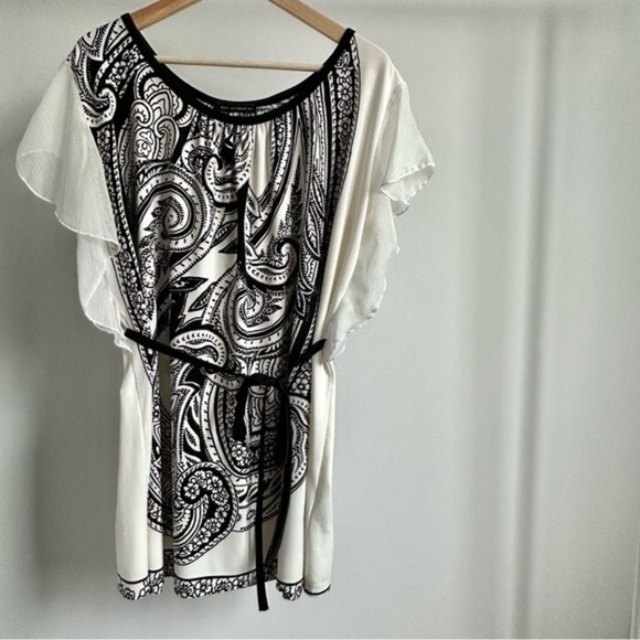 QED London Boho Tunic Top Dress White Black Paisley Flutter‎ Ruffle Sleeves - L - Picture 10 of 14